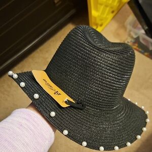 Black Pearl-Embellished Straw Fedora Hat